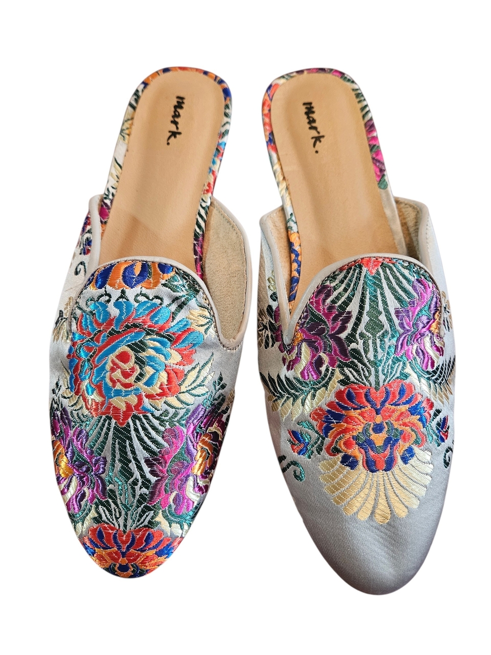 mark. Silver Slip-On Mules with Multicolor Floral Embroidery